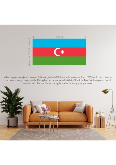Azerbaycan Ülke Bayrağı 45x22cm Duvar Tablosu Çerçevesiz Pvc Tablo