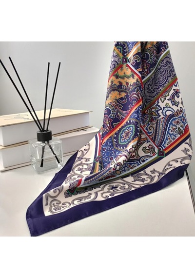 Lente Aksesuar Kadın Çok Renkli Sanatsal Çizgili Premium Kalite İpek Saten Fular 55x55cm Lacivert-krem