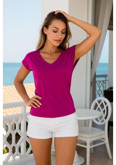 Kadın Fuşya Viskon Ön Arka V Yakalı T-shirt Yarasa Kol Relaxed Bluz Çok Renkli