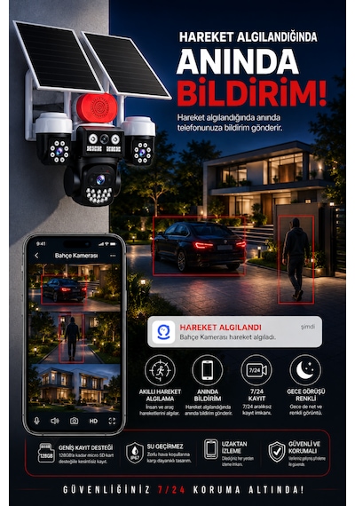 3 Kameralı Wifi 9mp Çift Solar Panelli Sürekli Kayıt Teknolojili Gece Görüşlü Güvenlik Kamerası