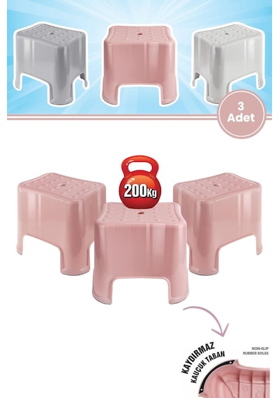 Flora 3 Adet Herkül Banyo Taburesi, Kaydırmaz Kauçuk Tabanlı 200 Kg Taşıma Kapasiteli Lüks Tabure Pembe