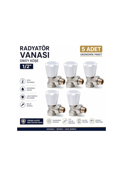 Pirinç Radyatör Vanası Dikey Köşe 1/2 İnç Beyaz Başlıklı Kalorifer Petek Vanası 5 Adet