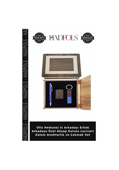 Ofis Hediyesi İs Arkadaşı Erkek Arkadaşa Özel Ahşap Kutulu Lacivert Kalem Anahtarlık Ve Çakmak Set