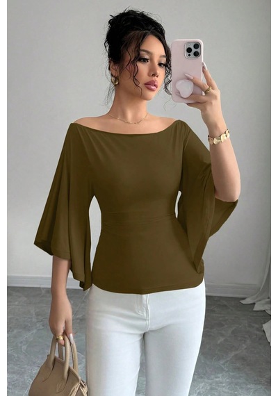 Kadın Haki Kayık Yaka Flare Kol Drapeli Fit Bluz Haki