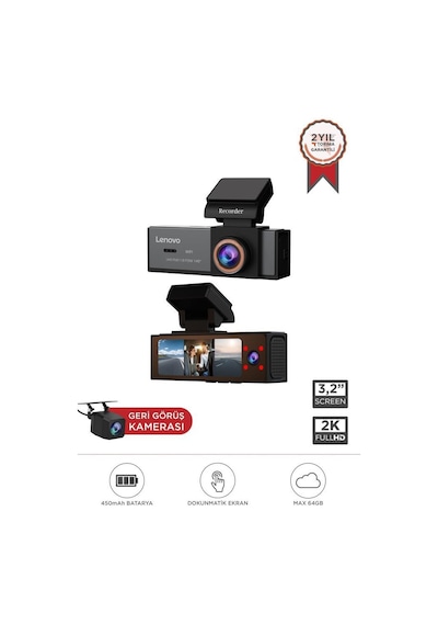 Lenovo Q7-7302 Siyah 1080p Wifi Araç İçi Dokunmatik Ön İç Ve Arka Araç Kamerası