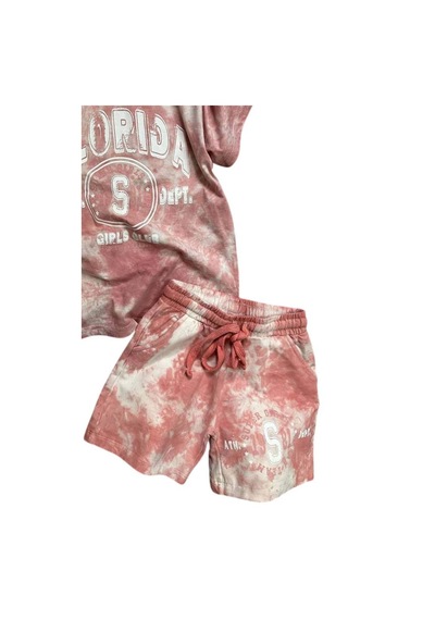 Riccotarz Kız Çocuk Florida Yazı Baskılı Penye T-shirt Pudra Şortlu Takım Pudra