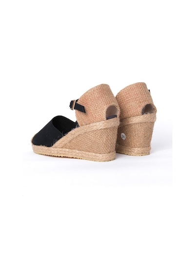 Star Tombis Gerçek Elişi Siyah Bilekten Bantlı Topuğu Açık Keten Espadril Dolgu Topuk Handmade Siyah