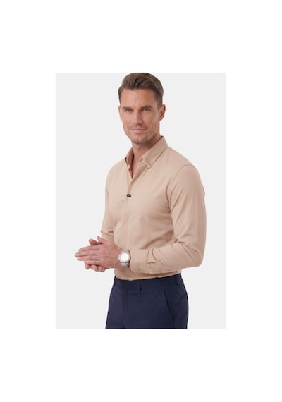 Deepsea Bej Slim Fit Kolay Ütülenebilir Açık Dik Yaka Likralı Erkek Gömlek 2602615