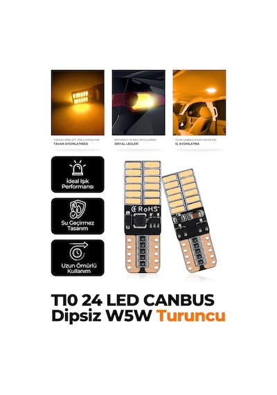 T10 Dipsiz W5w Canbus 24 Ledli Turuncu Park Plaka Ampulü 2 Adet