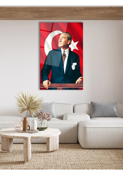 Mustafa Kemal Atatürk Ve Türk Bayrağı Dikey Cam Tablo Modern Ev Ofis Salon Hediyelik Büyük Tablo