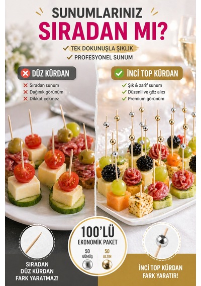 100 Lü Set İnci Top Kürdan Altın Gümüş 12cm Bambu Kokteyl Sunum Kürdanı Parti Catering