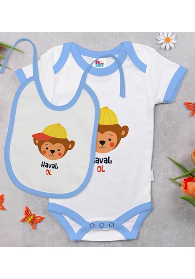 Bk Kids Havalı Ol Tasarımlı Mavi Bebek Body Zıbın Ve Mama Önlüğü Çok Renkli