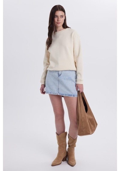 Tudors Kadın Oversize Geniş Kesim Pamuklu Bisiklet Yaka Taş Sweatshirt-39931 Taş