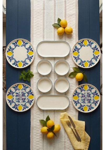 Limon 10 Parça 4 Kişilik Handmade Stackable Seramik Tabak Seti Premium Sunum & Kahvaltı Takımı Beyaz