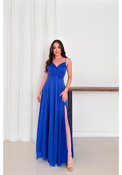 Neşeli Butik Kadın Ayarlanabilir Askılı Yırtmaçlı Tül Abiye Elbise Rys9276 Mavi