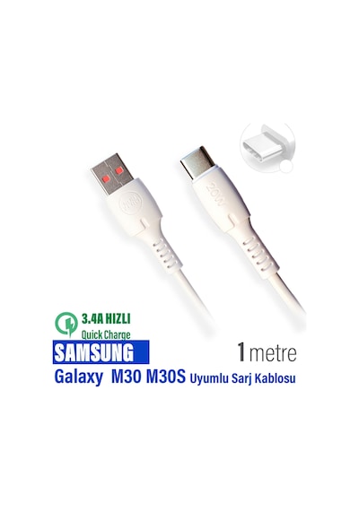 Samsung Galaxy Uyumlu M30 - M30s Şarj Kablosu Usb - Type-c 3.4a 20w
