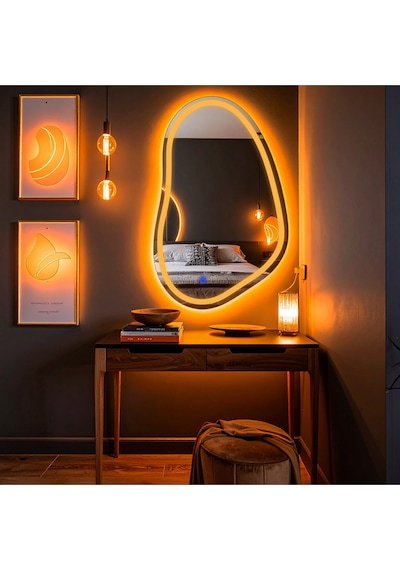Vornel Amber Led'li Lazer Kumlamalı Lavabo & Banyo Aynası Dokunmatik Sensörlü 80 X 50 Cm Turuncu
