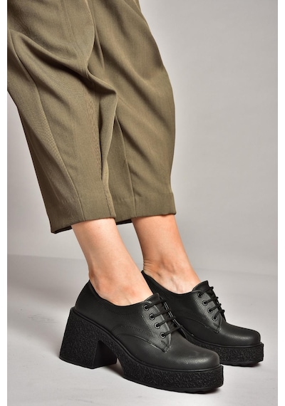 Fox Shoes T996154009 Siyah Kalın Topuklu Bağcıklı Kadın Ayakkabı Siyah