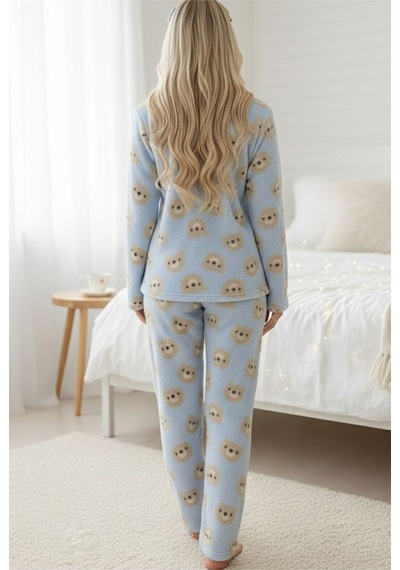 Siyah İnci Düğmeli Wellsoft Pijama Takım 7922 mavi