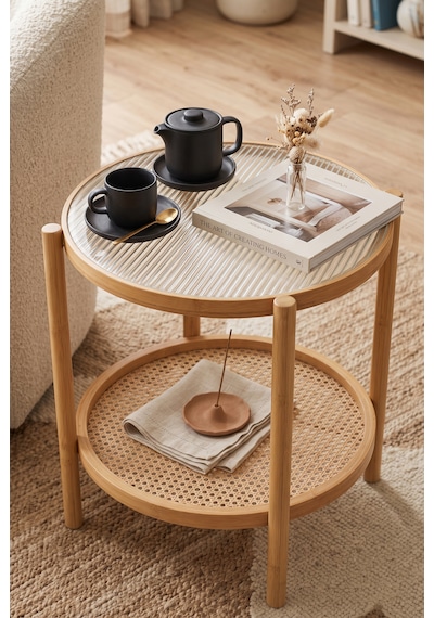 Robin Home Bambu Temperli Camlı Rattan Raflı Yuvarlak Yan Sehpa 45 45cm Bej