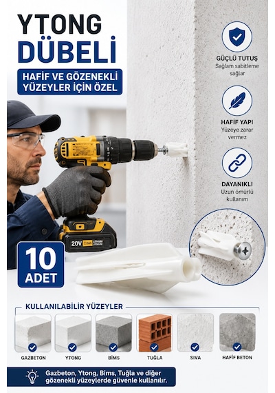 10 Adet Ytong Dübeli Gazbeton, Bims Ve Gözenekli Yüzeyler İçin Güçlü Tutuşlu Plastik Dübel