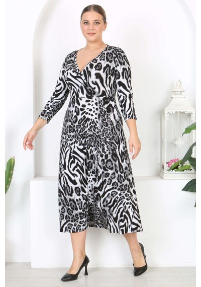 Mooi Xxl Kadın Gri Siyah Leopar Desen Uzun Kol Kruvaze Yaka Büyük Beden Maxi Elbise Gri