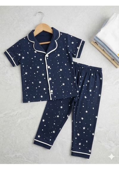 Kız Ve Erkek Çocuk Pamuklu Kruvaze Yaka Önden Düğmeli Yıldız Desenli Mevsimlik Alt Üst Pijama Takım Lacivert Kız Ve Erkek Çocuk Pamuklu Kruvaze Yaka Önden Düğmeli Yıldız Desenli Mevsimlik Alt Üst Pijama Takım Lacivert