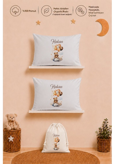 İsme Özel Erkek Bebek Hediyesi 2 Adet 35x45 %100 Pamuk Yastık Kılıfı Ve Ham Bez Bebek Kıyafet Kesesi 1067y2k3x