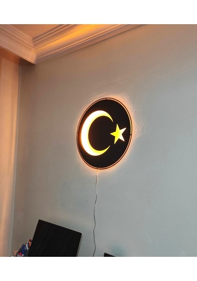 Motto Dekor Lazer Kesim Amber Led Işıklı Metal Türk Bayrağı Görselli Duvar Dekoru Duvar Aydınlatması Siyah