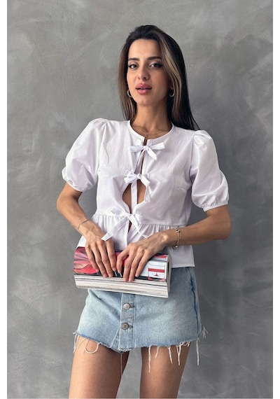 Verymoda Pembe Önden Bağlamalı Poplin Bluz D2699 BEYAZ