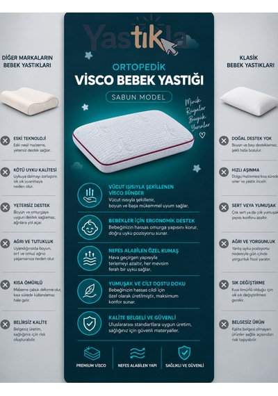 Ortopedik Hafızalı Visco Bebek Ve Çocuk Yastığı Nefes Alabilen 38x26x6,5 Cm Beyaz