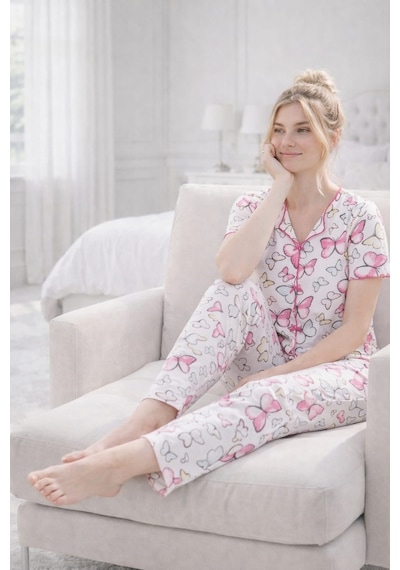 Kadın 01667 Kısa Kol Kaşkorse Pijama Takımı Çok Renkli