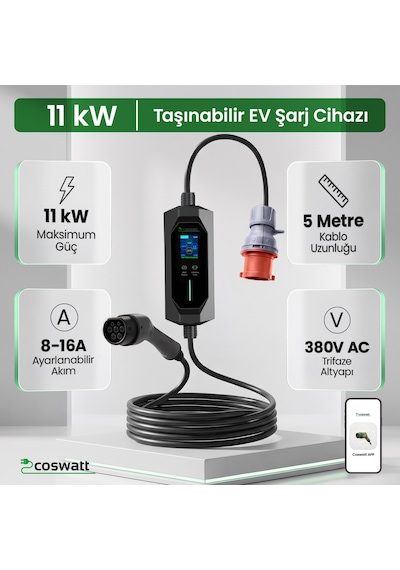 Coswatt Taşınabilir EV Şarj Cihazı CS-P3-16A / 11kW / 5m / Türkçe / 380V AC / Tip-2 / 5x16A CEE / Ev Tipi Dönüştürücü / Çanta Coswatt Taşınabilir EV Şarj Cihazı CS-P3-16A / 11kW / 5m / Türkçe / 380V AC / Tip-2 / 5x16A CEE / Ev Tipi Dönüştürücü / Çanta