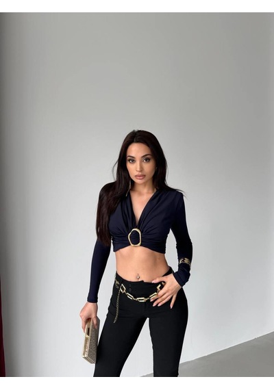 Elaxi Kadın Dalgıç Kumaş Tokalı Vatkalı Crop Bluz Lacivert