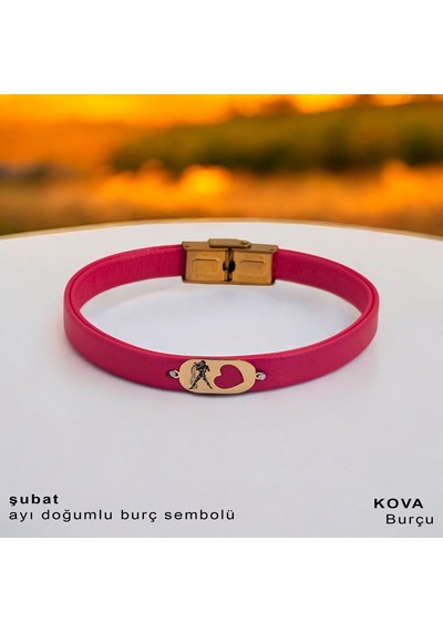 Kova Burçlarına Kalp Motifli Doğal Pembe Derili 14 Ayar Altın Plakalı Hediye Bileklik-377burç Kova