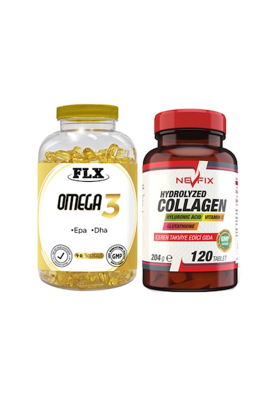 Omega 3 Balık Yağı 90 Softgel & Nevfix Collagen Hyluronic Acid Vitamin C Glutathione 120 Tablet