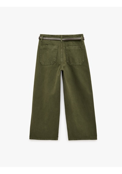 Koton Pamuklu Geniş Paça Kemerli Crop Pantolon - Wide Leg Jeans Haki 7wal40008mw