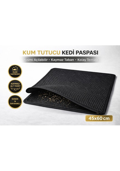 Kedi Elekli Tuvalet Önü Kum Tutucu Paspas 45 Cm - 60 Cm Siyah