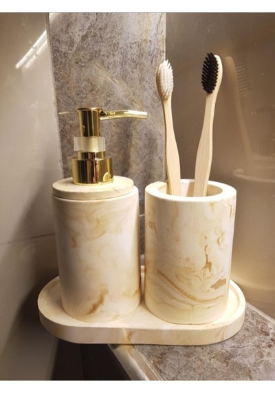 Marble Bej Serisi 3'lü Beton Sivi Sabunluk Ve Diş Fırçalık Seti Gri