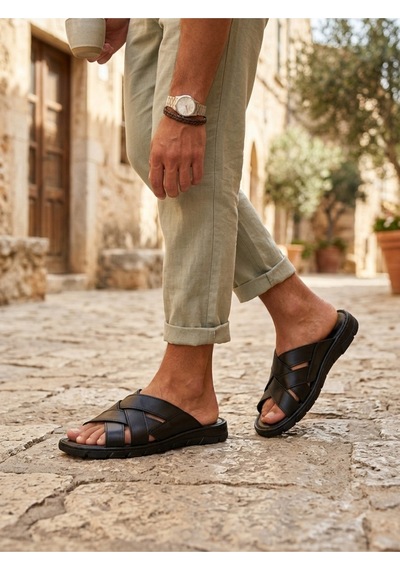 Ern Shoes İçi Dışı Hakiki Deri Ortopedik Erkek Terlik Sandalet Gri