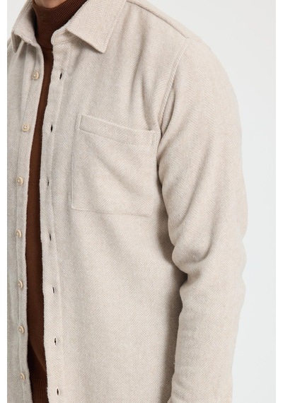 Tudors Erkek Slim Fit Dar Kesim Armürlü Oduncu Cepli Spor Yaka Ekru Gömlek-41858 Ekru
