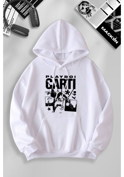Macklin Unisex Kadın Erkek Playboi Carti Özel Tasarım Baskılı Kapşonlu Sweatshirt Beyaz Mck1053 Beyaz
