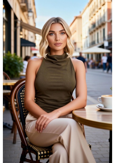 Benerly Kadın Bluz Yüksek Degaje Yaka Kolsuz Simli Esnek Örme Fitted Kalı haki