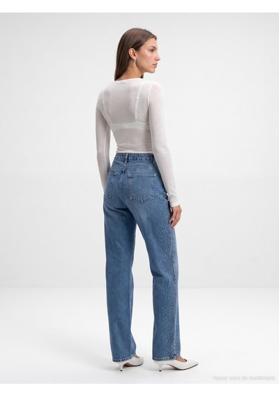 Dilvin 72365 Lyocell Karışımlı Taşlı Wide Leg Jean-mavi