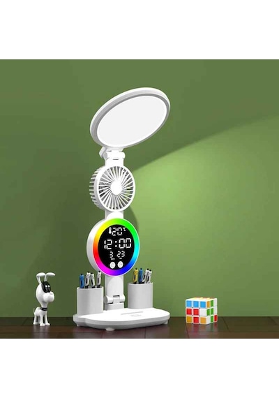 Techtic Led Masa Lambası Yuvarlak Başlı Fanlı Saatli 3 Renk Rgb Işıklı Dimmer Şarjlı Göz Korumalı Beyaz - Gün Işığı