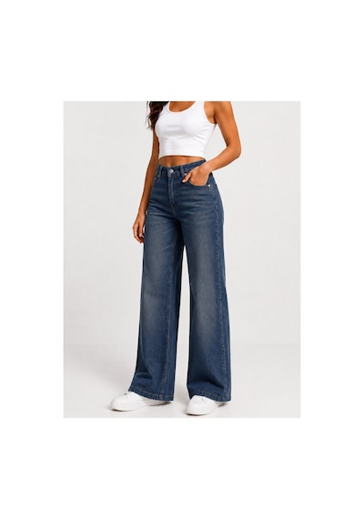 J&kstores Kadın Yüksek Bel Bol Paça Jean Kot Palazzo Pantolon Lacivert
