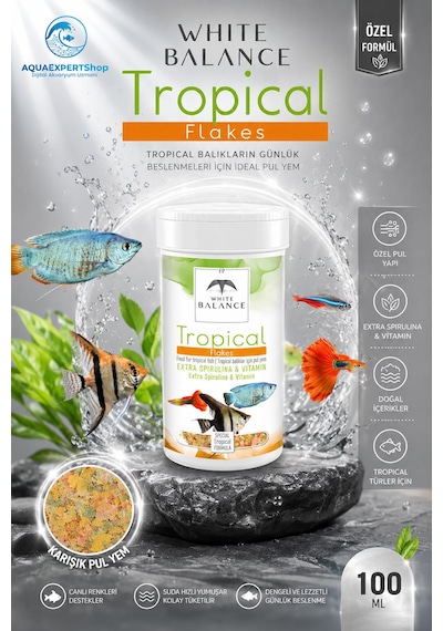 White Balance Tropical Flakes - Tropical Balık Yemi - Özel Formül - Zengin İçerik - Özel Türler İçin Besleyici - 100 Ml