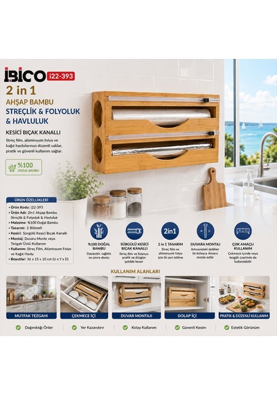 2ın1 Ahşap Bambu Streçlik - Folyoluk - Havluluk Kesici Bıçak Kanallı Belirtilmemis