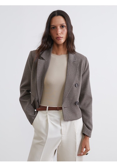 Lcw Vision Kahverengi Kazayağı Desenli Crop Kadın Blazer Ceket