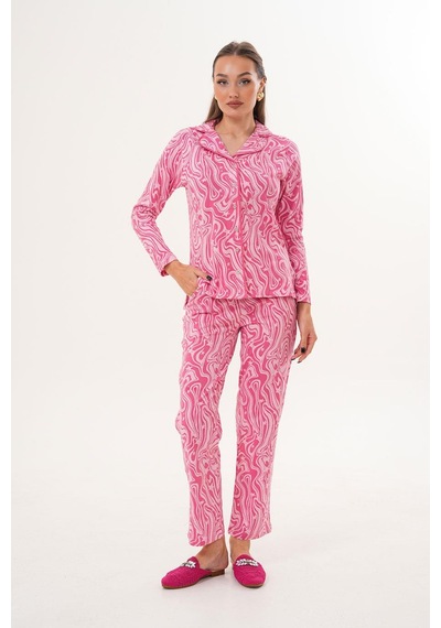 Çift Kaplan Kadın Pamuk Gömlek Yaka Önden Düğmeli Pembe Pijama Takımı 7023 Pembe